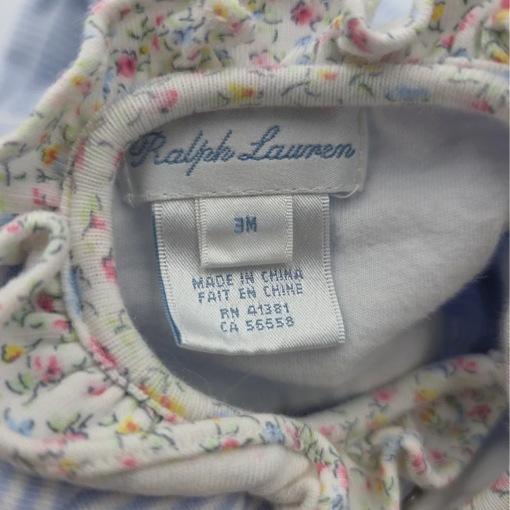 Ralph Lauren Baby Girls Floral Romper Blue/White Striped Long Sleeve 3 Month
